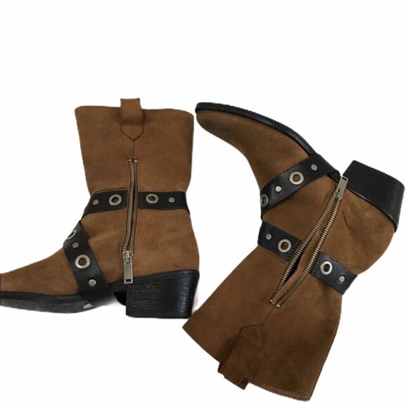 Free People x Farylrobin Brown Tan Suede Ankle Heel Boots Size 6 - Picture 6 of 8